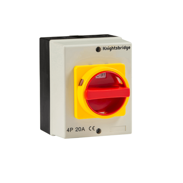 Knightsbridge IN0025 20 amp four-pole IP65 rotary isolator with red and yellow handle