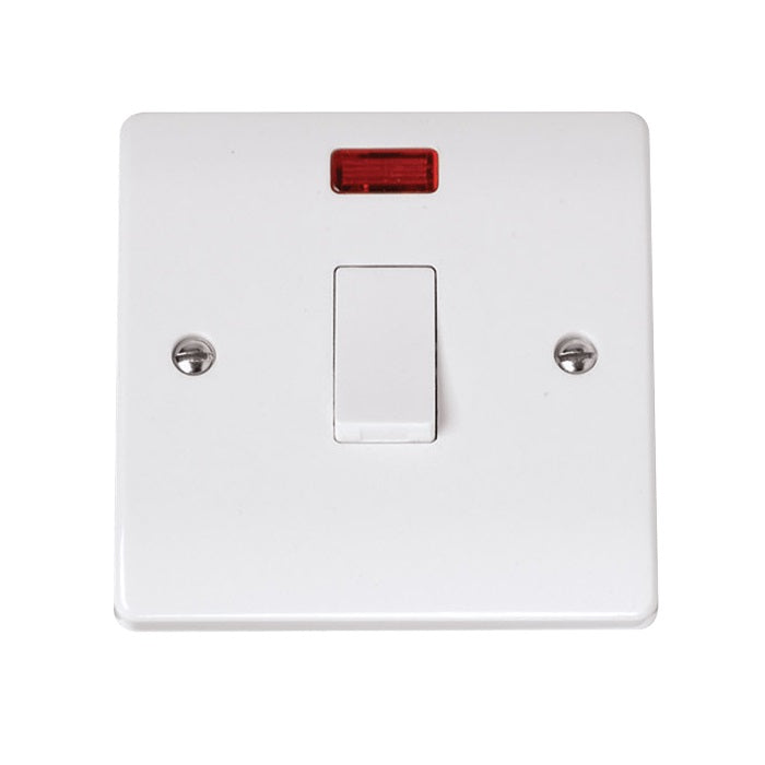 Click Curva white 20 amp double-pole plate switch with red neon indicator and optional flex outlet