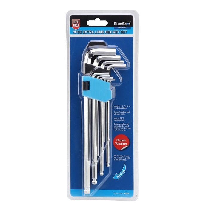 BlueSpot nine-piece extra-long ball-end metric hex key set from 1.5mm to 10mm