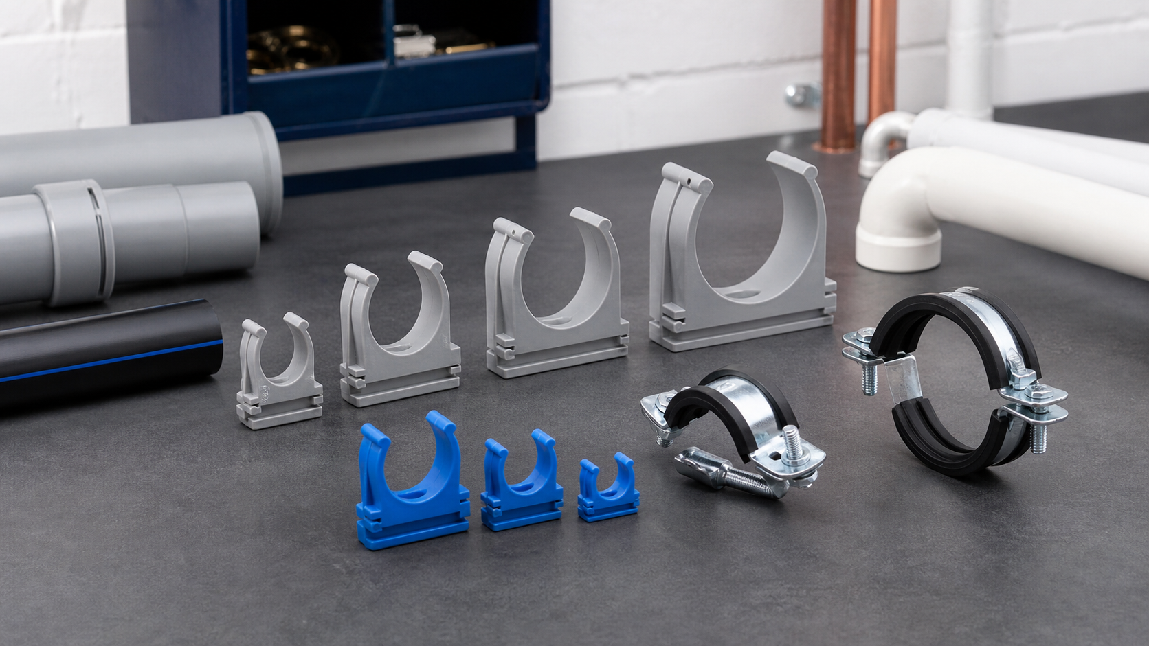 Aquaflow pipe clip size guide with waste, MDPE and rubber-lined pipe clips