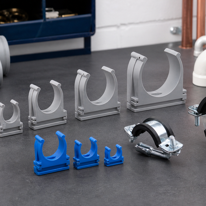 Aquaflow pipe clip size guide with waste, MDPE and rubber-lined pipe clips