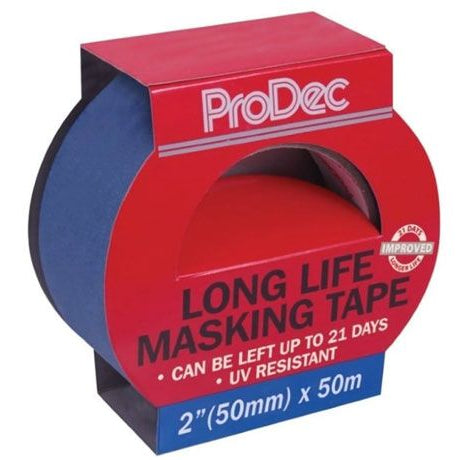 ProDec 50mm x 50m long-life blue masking tape in branded dispenser packaging