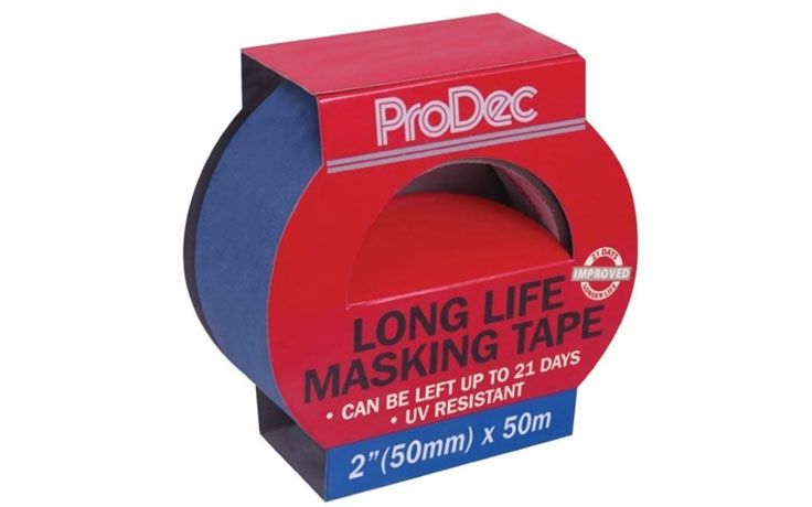 ProDec 50mm x 50m long-life blue masking tape in branded dispenser packaging