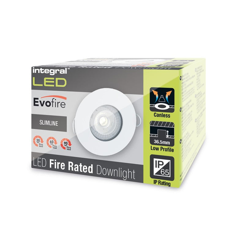 Integral LED EVOFIRE 85 Fire Rated Downlight — 70mm Cutout, IP65, White Round + GU10 Holder