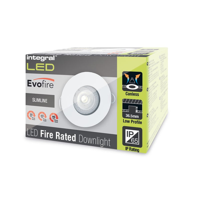 Integral LED EVOFIRE 85 Fire Rated Downlight — 70mm Cutout, IP65, White Round + GU10 Holder
