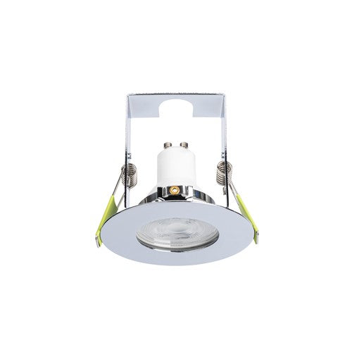 EVOFIRE 85 FIRE RATED DOWNLIGHT 70MM CUTOUT IP65 POLISHED CHROME ROUND +GU10 HOLDER & INSULATION GUARD INTEGRAL