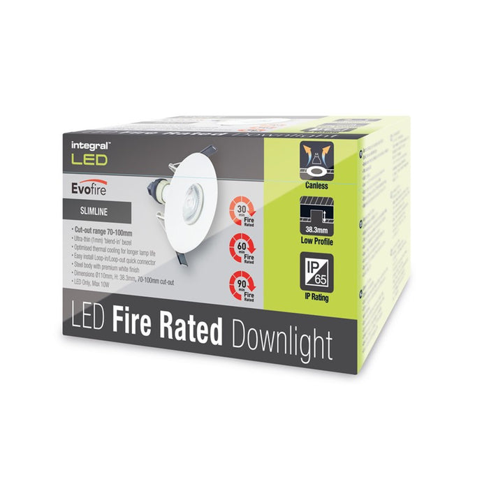 Integral LED EVOFIRE MAXI 110 Fire Rated Downlight — 70-100mm Cutout, IP65, White Round + GU10 Holder