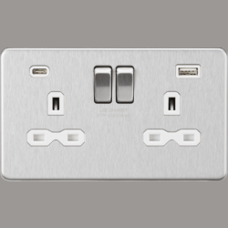 Knightsbridge 13A 2G SP Switched Socket with Dual USB A+C 5V DC 4.0A shared - Polished Chrome with White Insert