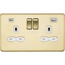 Knightsbridge 13A 2G SP Switched Socket with Dual USB A+C 5V DC 4.0A shared - Polished Brass with White Insert