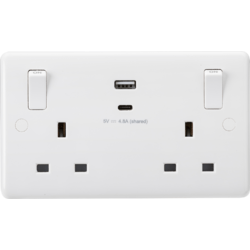 Knightsbridge 13A 2G SP Switched Socket with Dual USB A+C 5V DC 4.8A shared with Outboard Rockers