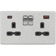 Knightsbridge 3A 2 Gang Switched Socket with Dual USB Charger - Brushed Chrome Black Insert
