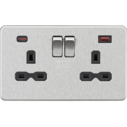 Knightsbridge 3A 2 Gang Switched Socket with Dual USB Charger - Brushed Chrome Black Insert