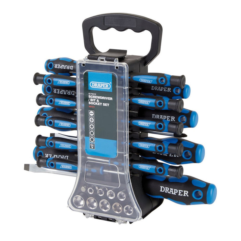 Draper 20721 49-piece screwdriver, socket and bit set in storage rack, angled view