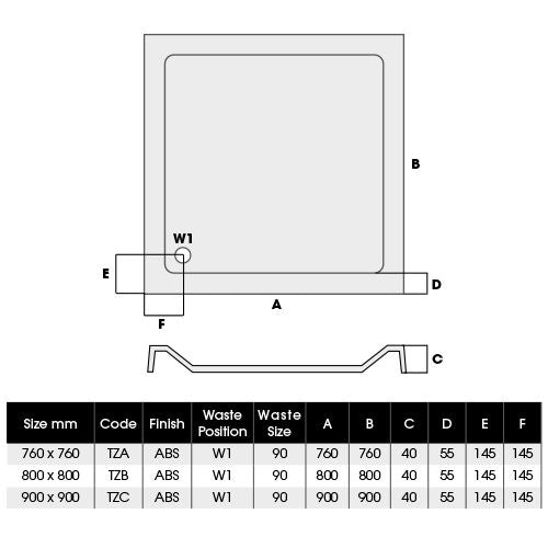 Square Shower Tray White Pro 760x760mm - Corner Waste