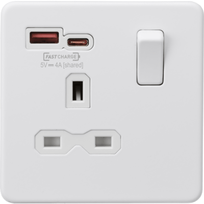 Knightsbridge 13A 1G SP Switched Socket with Dual USB A+A 5V DC 2.4A shared - Matt White with White Insert