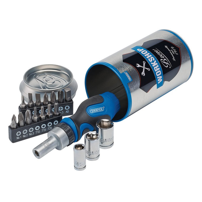 Draper 99413 Workshop Brew Stubby Ratchet Screwdriver & Bit Set - 18 Piece (Special Edition)