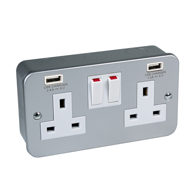 CED Axiom Metal Clad 2 Gang Switched Socket with 2 USB Ports - 13A