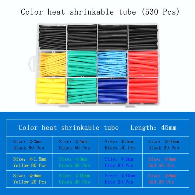 2:1 Heat Shrink Tube 530pcs Shrinking Assorted Polyolefin Insulation Sleeving Wire Cable Sleeve Wrap