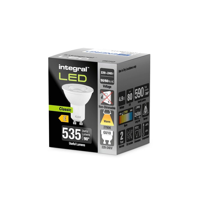 Integral LED GU10 Bulb 590LM 4.9W 2700K Non Dimmable 36 Beam