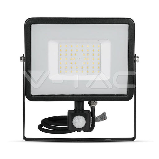 V-TAC VT-50-S 50W Smd PIR Sensor Floodlight With Samsung Chip Color Code: 4000K Black Body - Grey Glass