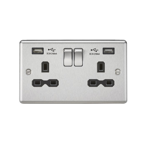 Knightsbridge 3A 2 Gang Switched Socket with Dual USB Charger - Brushed Chrome Black Insert