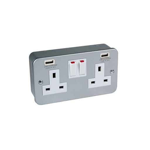 AXIOM Metal Clad Switched Socket Twin with Dual USB