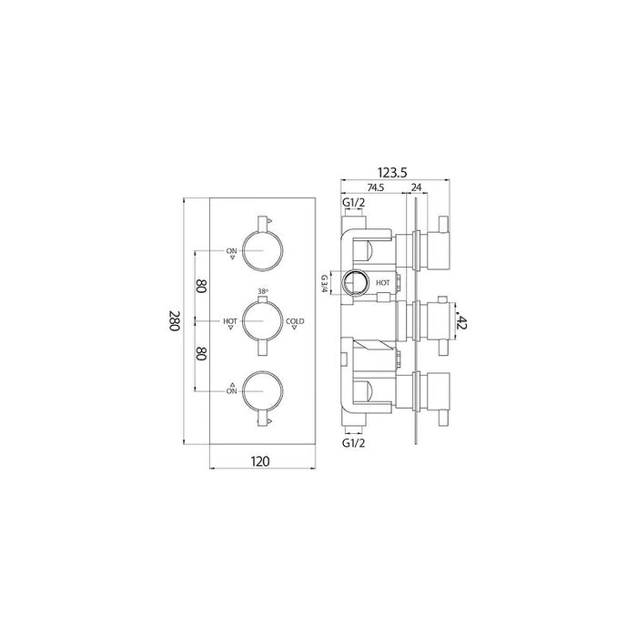 Scudo Triple Oval Handle, 2 Outlet Concealed Valve