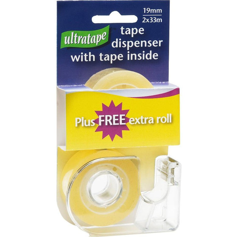 Ultratape 19mm x 33M Clear Tape 2Rls & Dispenser