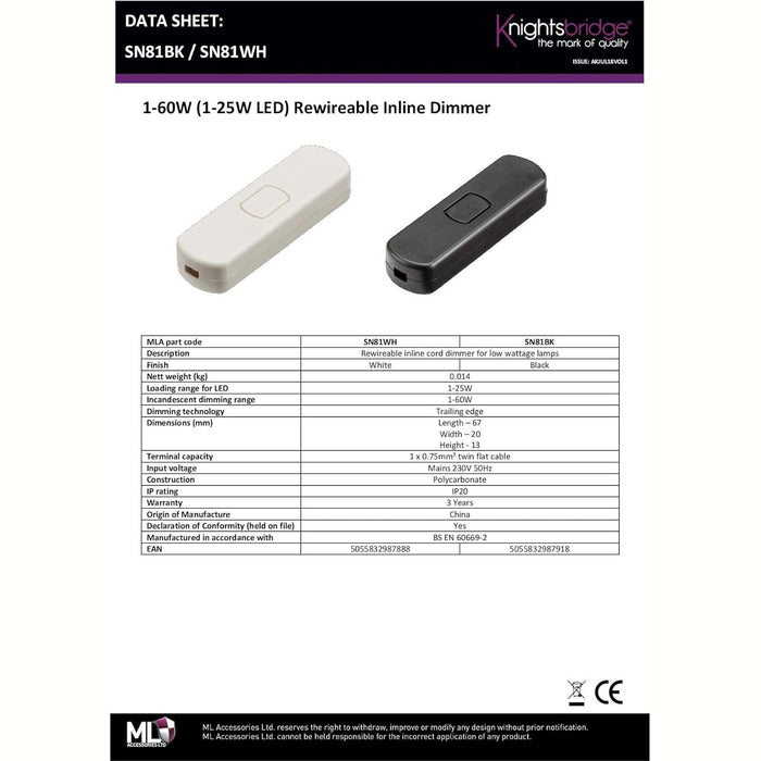 Knightsbridge 1-60W 1-25W LED Rewireable Inline Cord Dimmer - White SN81WH