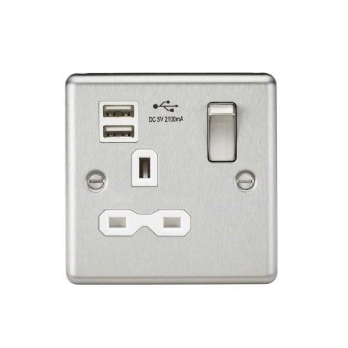 Knightsbridge 13A 1G DP Switched Socket, Dual USB White Insert - Rounded Edge Brushed Chrome