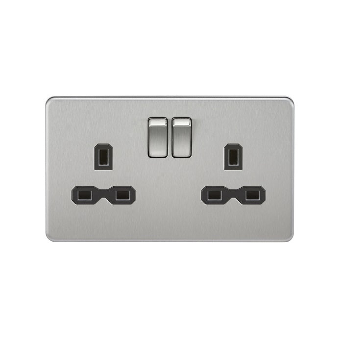 Knightsbridge 13A 2G DP Switched Socket with Twin Earths - Brushed Chrome with Black Insert