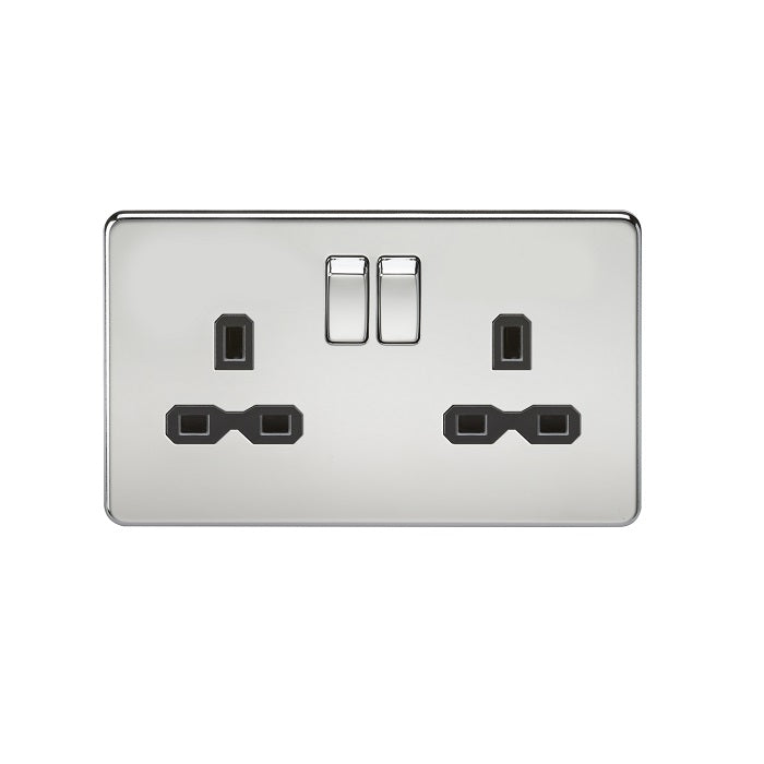 Knightsbridge 13A 2G DP Switched Socket with Twin Earths - Polished Chrome with Black Insert