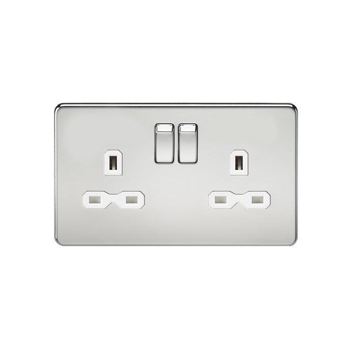 Knightsbridge 13A 2G DP Switched Socket with Twin Earths - Polished Chrome with White Insert