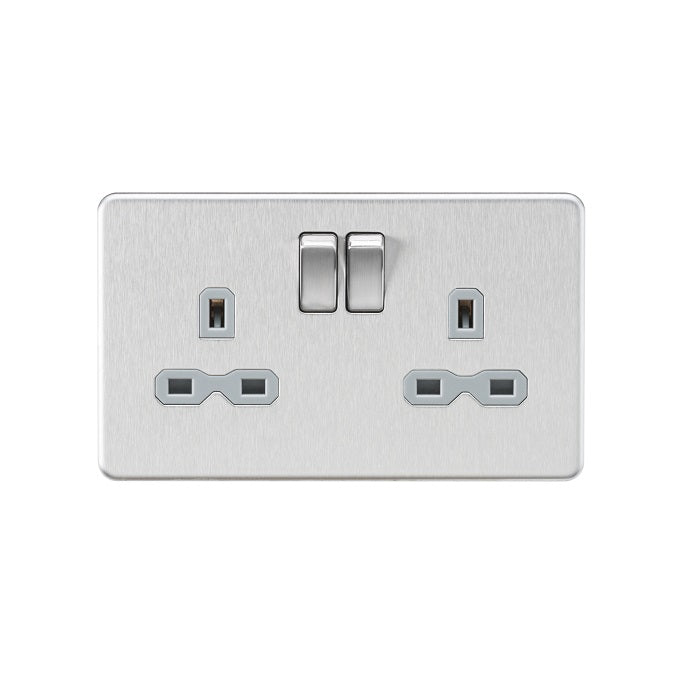 Knightsbridge 13A 2G DP Switched Socket with Twin Earths - Brushed Chrome with Grey Insert