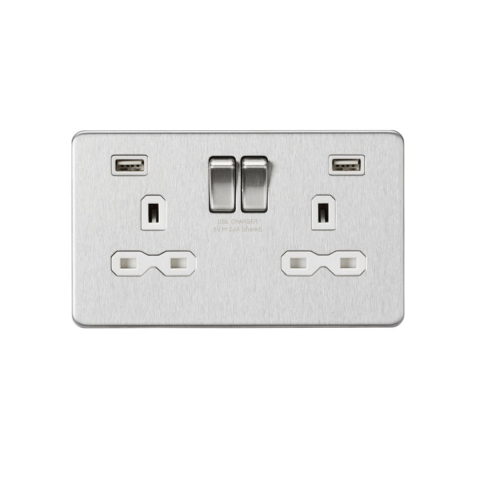 Knightsbridge 13A 2G SP Switched Socket with Dual USB A+A 5V DC 2.4A shared - Brushed Chrome with White Insert