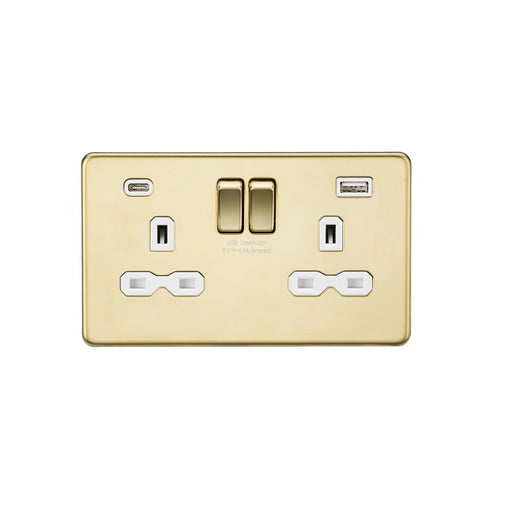 Knightsbridge 13A 2G SP Switched Socket with Dual USB A+C 5V DC 4.0A shared - Polished Brass with White Insert