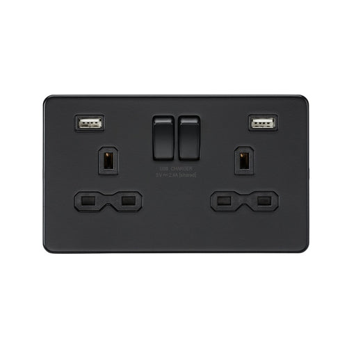 Knightsbridge 13A 2G SP Switched Socket with Dual USB A+A 5V DC 2.4A shared - Matt Black with Black Insert