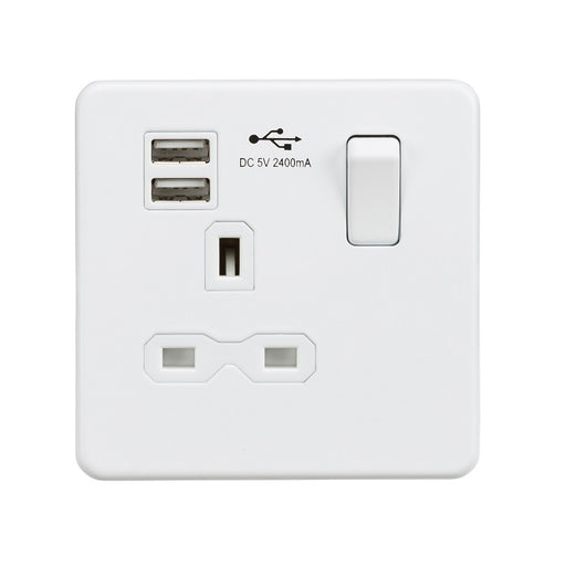 Knightsbridge 13A 1G SP Switched Socket with Dual USB A+A 5V DC 2.4A shared - Matt White with White Insert