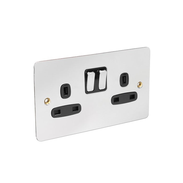 AXIOM Flat Range 13Amp 2 Gang Switched Socket Chrome Black insert