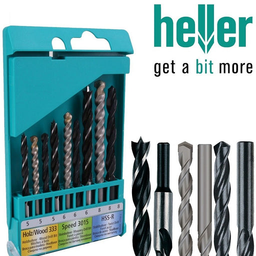 Heller 9pc Premium Drill Bit Set 5mm - 8mm Wood Stone HSS Metal Masonry Brick