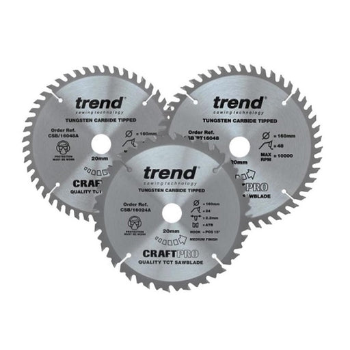 Trend 160mm Mixed 24T/48T/PT 48T Circular Saw Blade Triple Pack