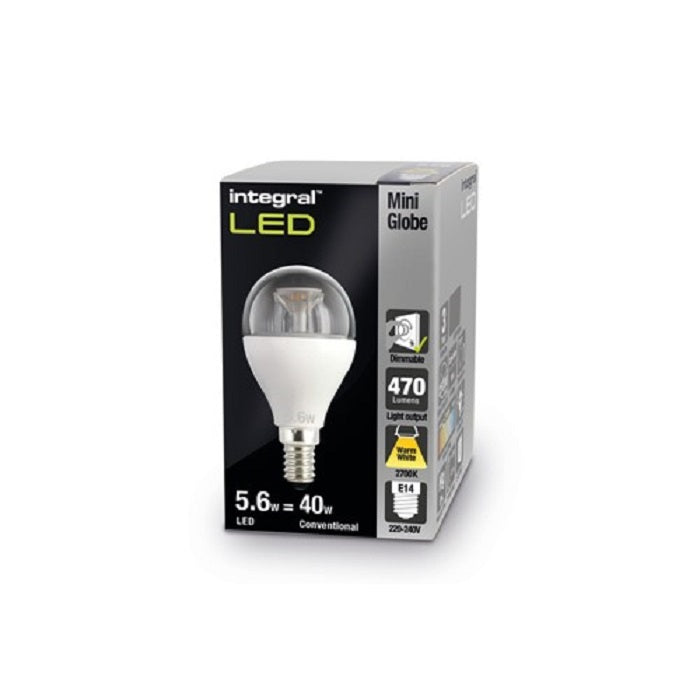 Integral MINI GLOBE 5.6W 2700K 470lm E14 Dimm 210d B.Angle Clear