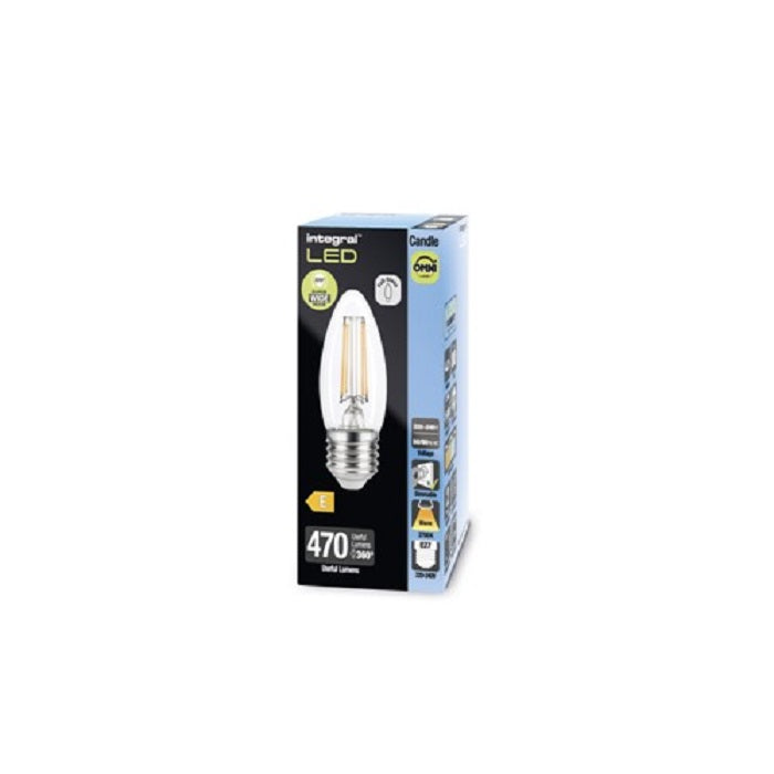 Integral LED Omni Filament Candle Bulb E27 470Lm 4.2W 2700K Dimmable 320 Beam Clear Full Glass