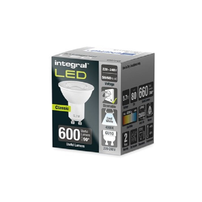 Integral GU10 Bulb 660Lm 5.7W 4000K Dimmable 36 Beam