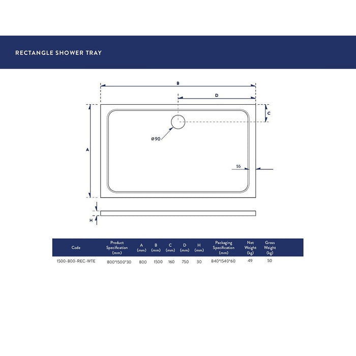 Scudo 1500x800mm Rectangle 30mm Shower Tray White