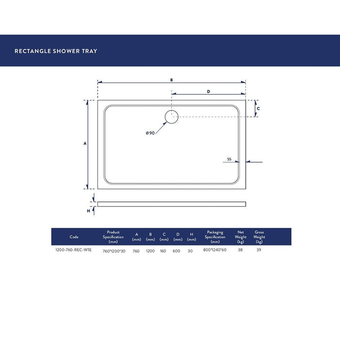 Scudo 1200x760mm Rectangle 30mm Shower Tray White