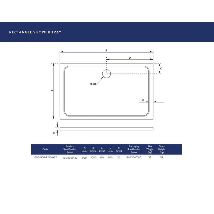 Scudo 1000x900mm Rec 30mm Shower Tray White