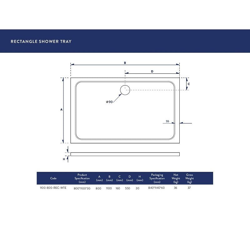 1100x800mm Rectangular 30mm Shower Tray White
