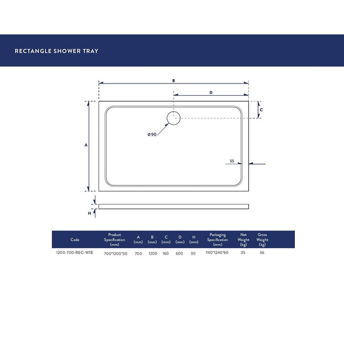 Scudo 1200x700mm Rectangle 30mm Shower Tray White