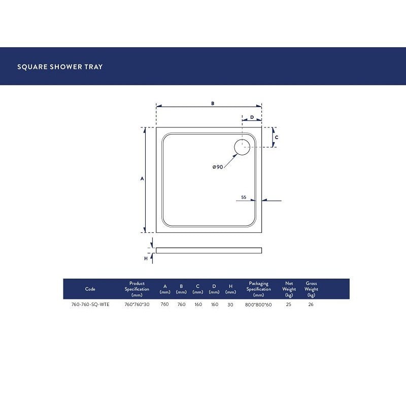760x760mm Square 30mm Shower Tray White